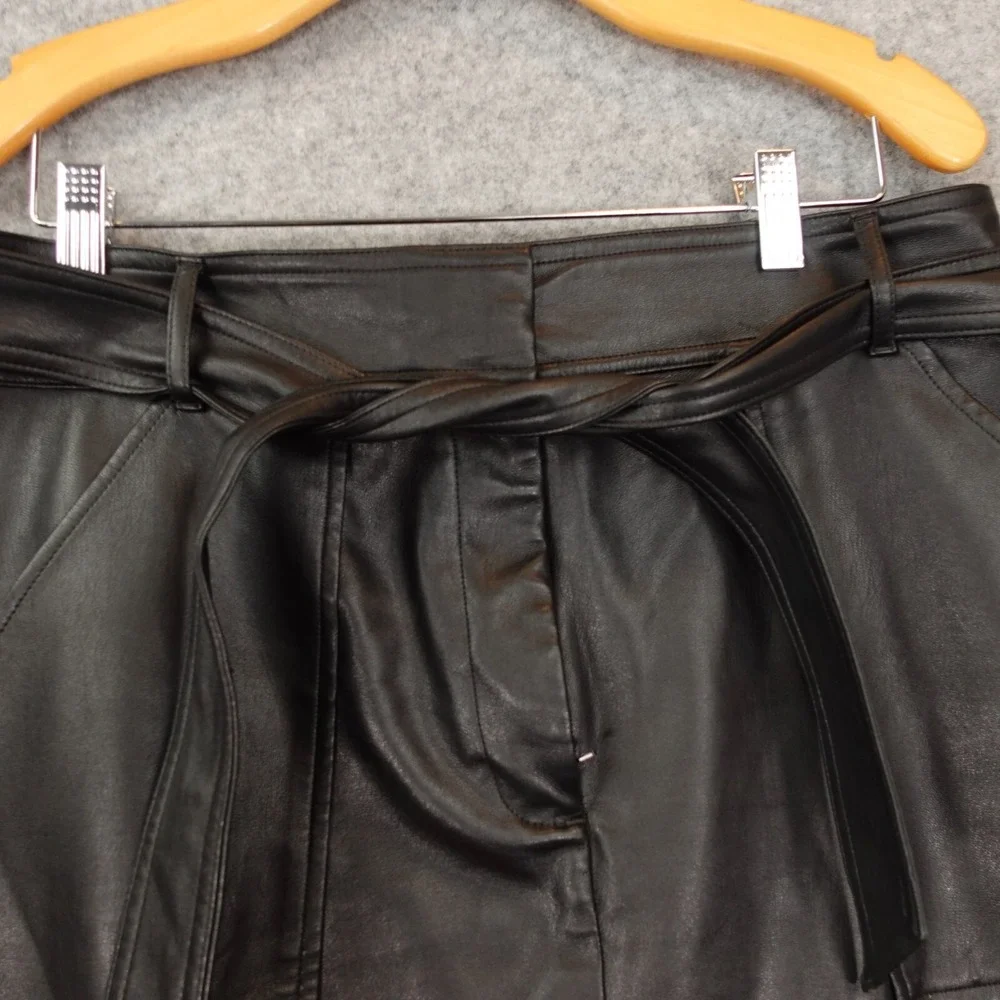Y2K Black‎ Vegan Leather Skirt 12 Belted Rocker Downtown Girl Preppy ANN TAYLOR